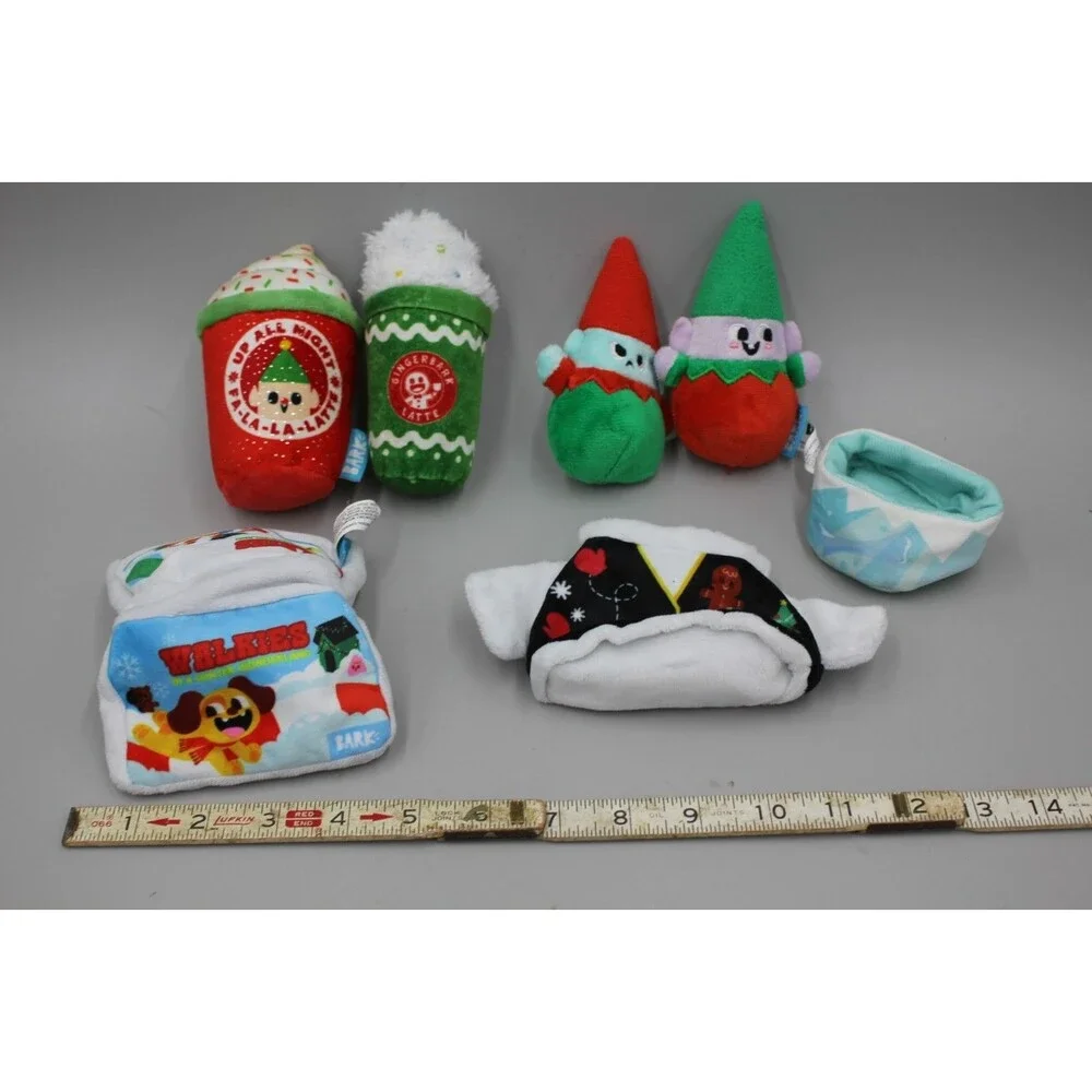 Bark Box Dog Toy Christmas Lot Of 7 Gnomes Candy Land  Coffee Lattes Shirt Small